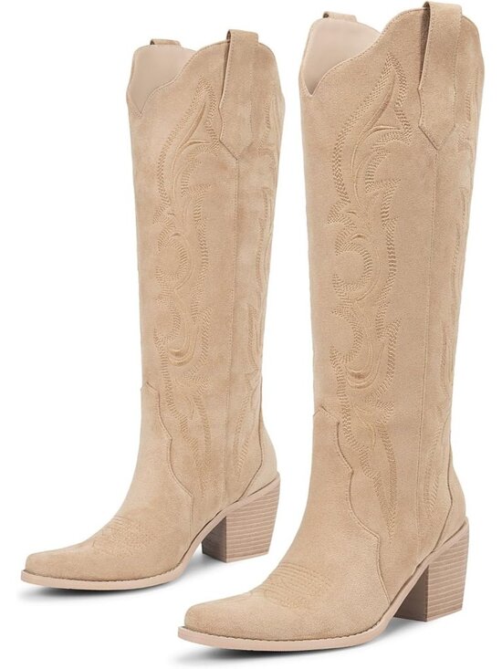 Shoes - Women's Apricot Suede Comfortable Snip Toe Side Zipper Stable Chunky Heel Boots
